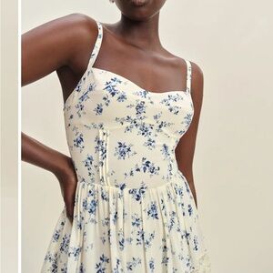 Reformation Dina Dress Orlaya Cream and Blue Floral Midi Dress